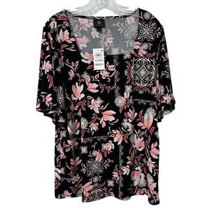 JM Collection Women's XL Printed Flutter-Sleeve Square Neck Top BLK Floral
